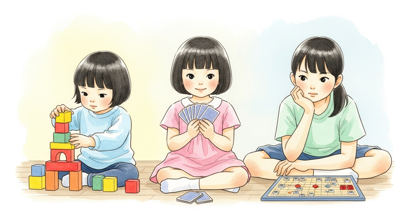 年齢のちがう3人の子どもがそれぞれ遊ぶ様子