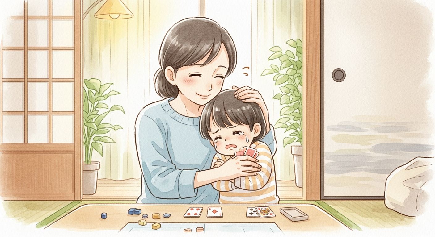 負けて泣いた子をなぐさめるママ